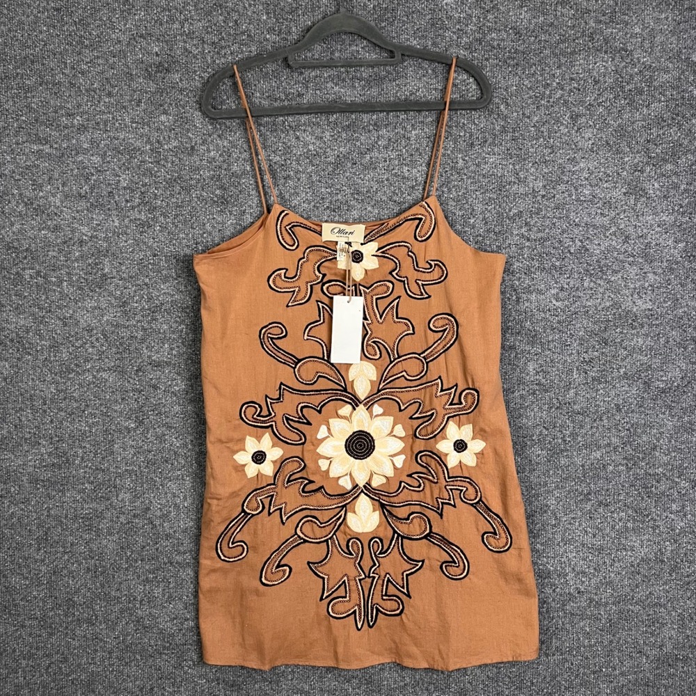 New Ollari New York Anthropologie dress L Embroidered Beaded Floral Cotton Strap